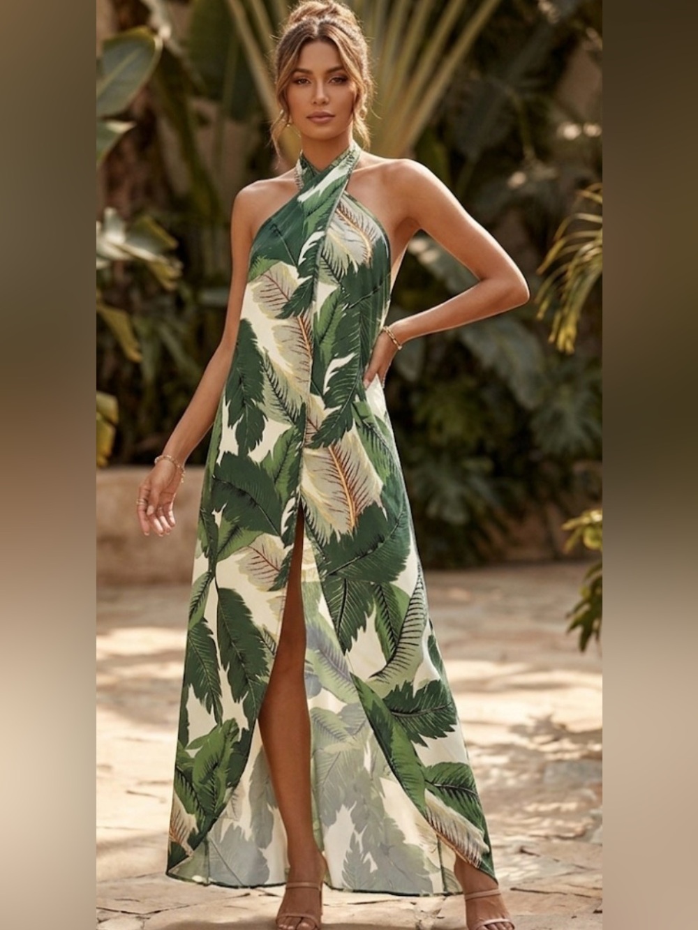 Tropical Leaf Print Halter Maxi Dress
